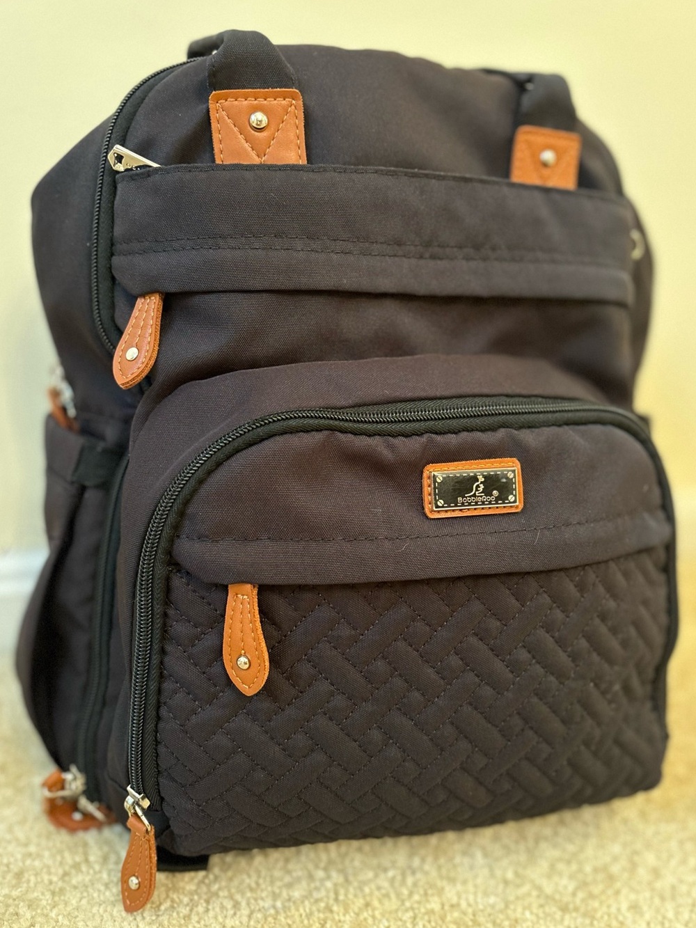 Quilted Black Baby Bag Backpack with Tan Accents